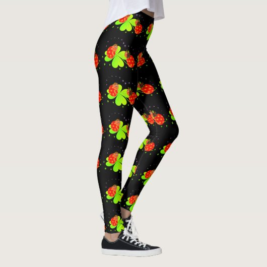 Ladybugs auf Kleeblatt Pattern Schwarze Leggings (Rechts)