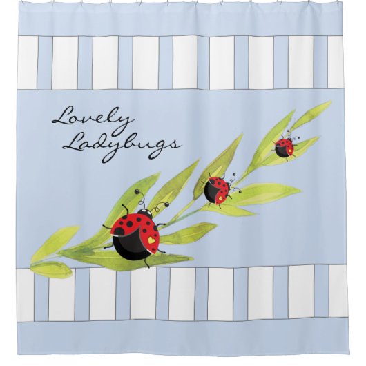 Ladybugs | Blauer und weißer Duschvorhang (Vorderseite)