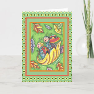 LADYBUGS, DIE AUF FALLENDEN AUTUMNSTÜCKEN REITEN,  DANKESKARTE