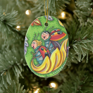 LADYBUGS, DIE AUF FALLENDEN AUTUMNSTÜCKEN REITEN,  KERAMIK ORNAMENT