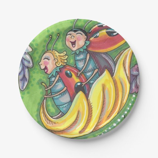 LADYBUGS, DIE AUF FALLENDEN AUTUMNSTÜCKEN REITEN,  PAPPTELLER (Vorderseite)