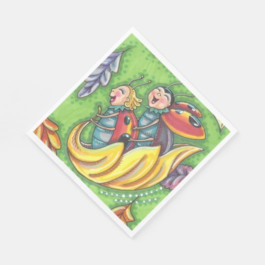 LADYBUGS, DIE AUF FALLENDEN AUTUMNSTÜCKEN REITEN, SERVIETTE (Ecke)