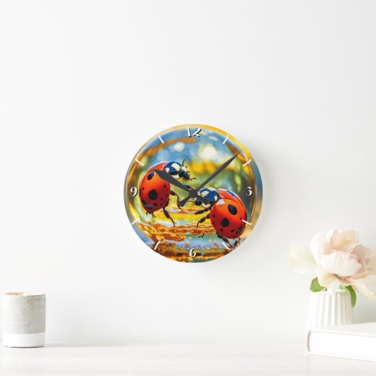 Ladybugs in einem Tropfen Wasser Runde Wanduhr (Zuhause)
