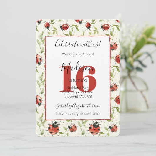 Ladybugs Leaves 16. Geburtstag Einladung (Stehend Vorderseite)