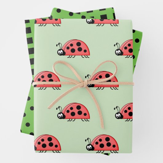 Ladybugs Limone und schwarze Punkte und Quadrate Geschenkpapier Set (Beispiel)