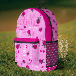 Ladybugs personalisierter Name überall in Rosa Bedruckter Rucksack