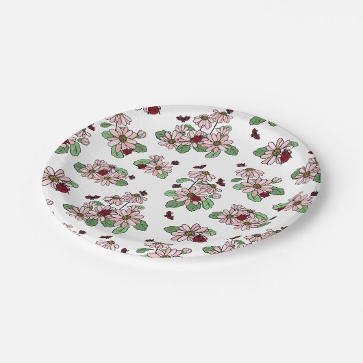 Ladybugs & Pink Daisies Pattern Pappteller (Schrägansicht)