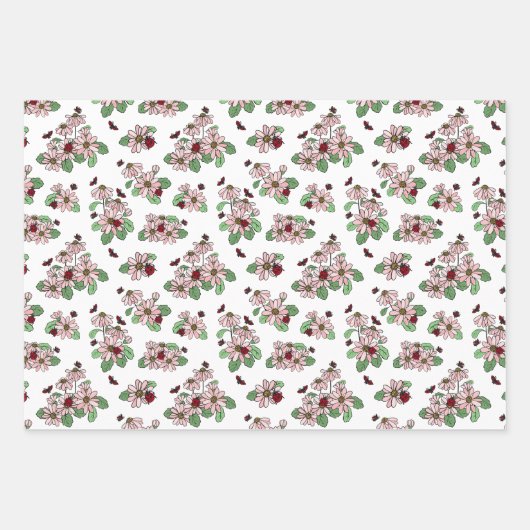 Ladybugs Pink Daisies Polka Dots Mixed Patterns Geschenkpapier Set (Vorderseite)