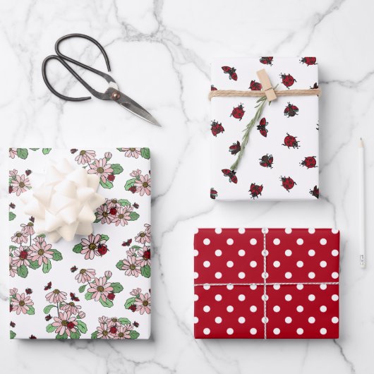 Ladybugs Pink Daisies Polka Dots Mixed Patterns Geschenkpapier Set (Vorderseite)