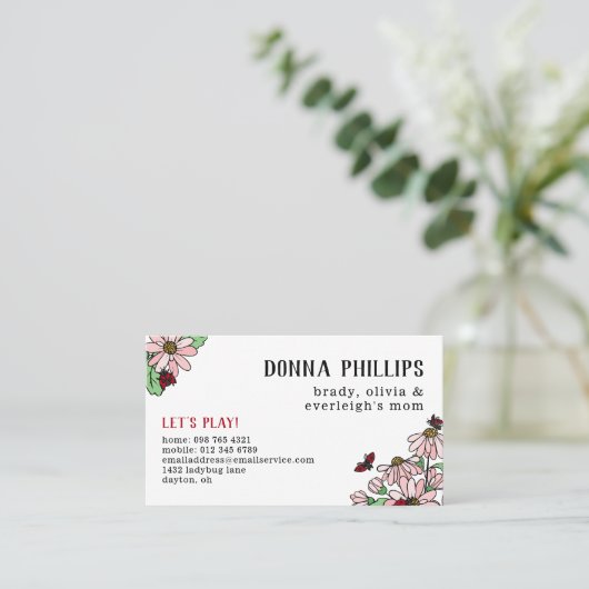 Ladybugs & Pink Daisis Mama Calling Card Visitenkarte (Stehend Vorderseite)