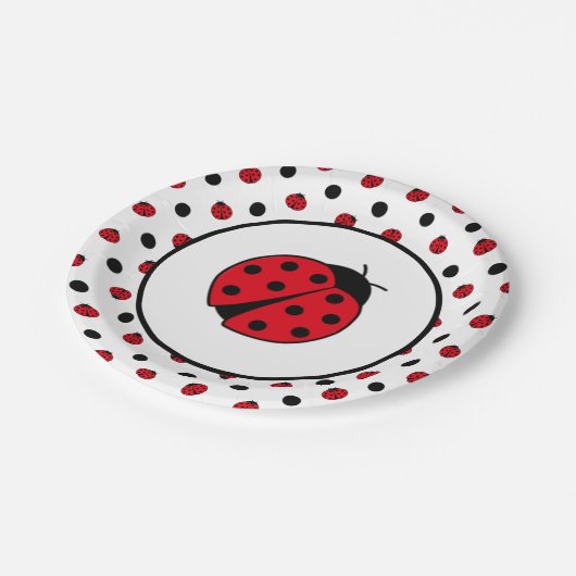 Ladybugs Retro-Polka-Punkte-Papier-Teller Pappteller (Schrägansicht)