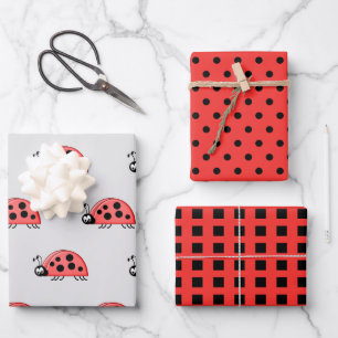 Ladybugs rote und schwarze Punkte und Quadrate Geschenkpapier Set
