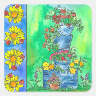 Ladybugs Sonnenblumen Eimer Wasserfarben Blume Quadratischer Aufkleber