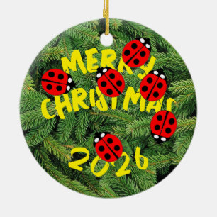 Ladybugs Überall Zwei-Seiten-Ornament mit Jahr Keramik Ornament