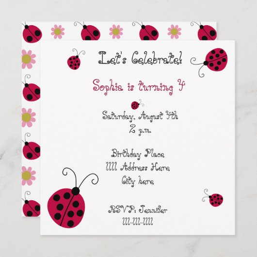 Ladybugs und Blume Einladung (Vorne/Hinten)
