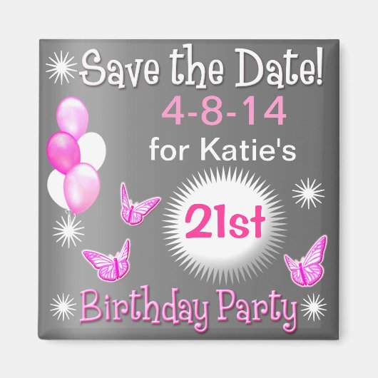 Ladys Birthday Einladung Magnet Silver & Pink (Vorne)