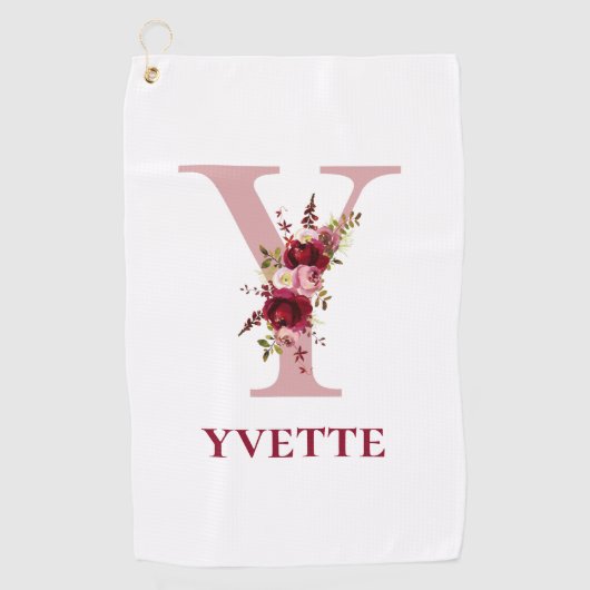 Ladys Blush Pink Floral Initial Y und Name Golfhandtuch (Vorderseite)