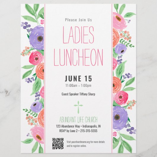 Ladys Church Luncheon Spring Floral QR Code Flyer (Vorne)