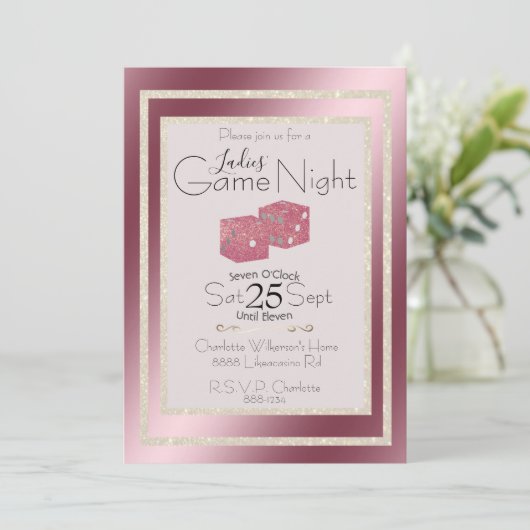 Ladys' Game Night Gold Glitzer Pink Dice Einladung (Stehend Vorderseite)