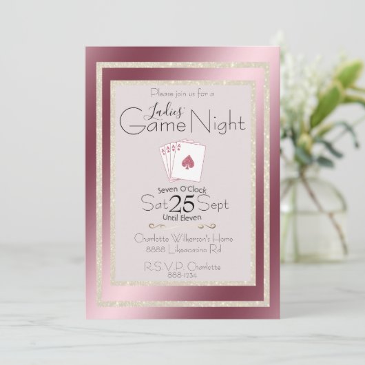 Ladys Game Night Gold Glitzer Rosa Aces Einladung (Stehend Vorderseite)