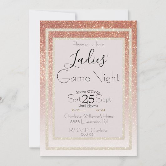 Ladys Game Night Pink Blush and Gold Glitzer Einladung (Vorderseite)