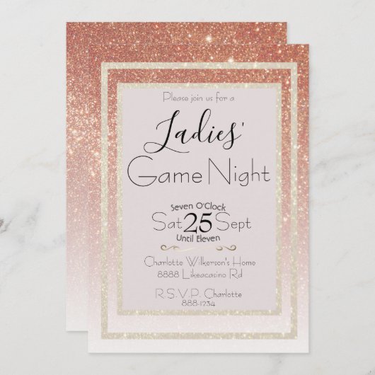 Ladys Game Night Pink Blush and Gold Glitzer Einladung (Vorne/Hinten)