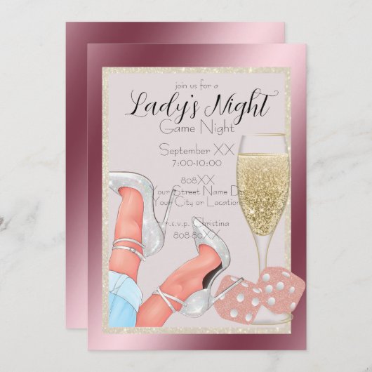 Ladys Game Night Pink Glitzer Dice Einladung (Vorne/Hinten)