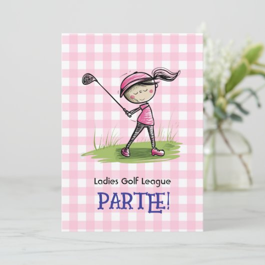 Ladys Golf League Celebration Cartoon Einladung (Stehend Vorderseite)