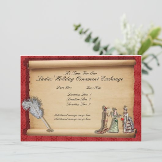 Ladys Holiday Ornament Exchange Einladungen (Stehend Vorderseite)