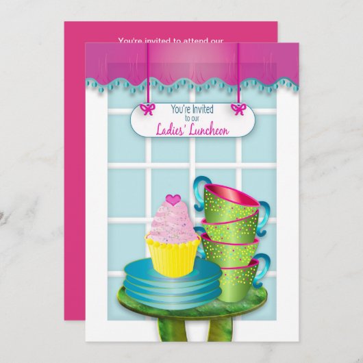 Ladys Luncheon, Tea Cups, Teller und Cupcakes Einladung (Vorne/Hinten)
