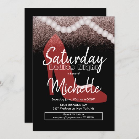 Ladys Night Birthday Party Red Heelses Pearls Einladung (Vorne/Hinten)