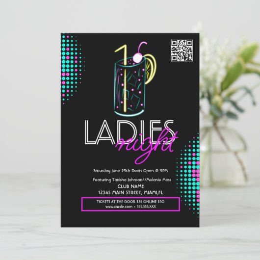 Ladys Night Club Cocktail Drink Neon Flyer Einladung (Stehend Vorderseite)