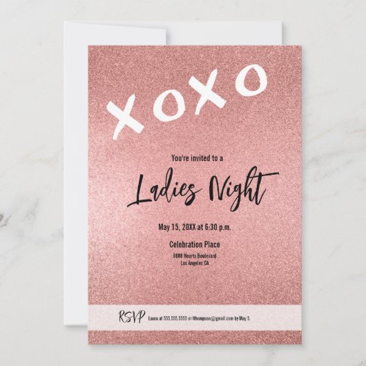Ladys Night XOXO Rosa Rosa Gold Glitzer Custom Einladung (Vorderseite)