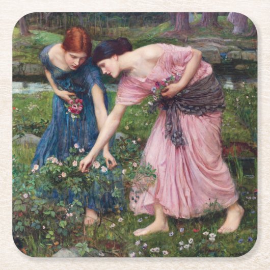 Ladys Picking Rose, John William Waterhouse Rechteckiger Pappuntersetzer (Vorderseite)