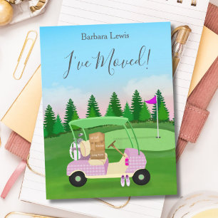 Ladys Pink Golf Cart Moving Boxes Golfplatz Ankündigungspostkarte