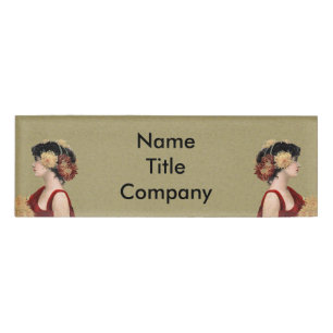Ladys Red Dress Big Red Yellow Flowers Tan Namenschild