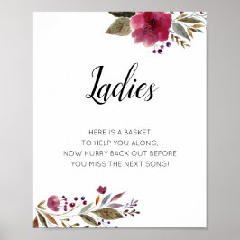 Ladys Womens Bathroom Basket Sign Burgundy Floral Poster