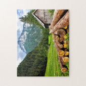 Lager im Wald mit Bergen Puzzle (Vertikal)