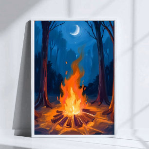 Lagerfeuer Mond   Natur Aquarellmalerei Poster