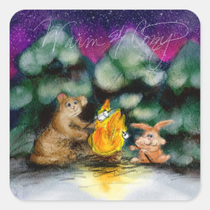 Lagerfeuer-Winterwald-Tiere-Sticker Quadratischer Aufkleber
