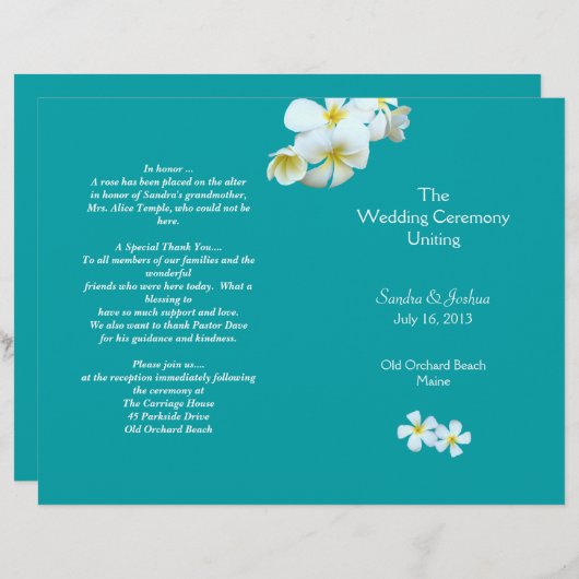 Lagoon Blue Plumeria Beach Wedding Program (Vorne/Hinten)