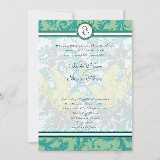 Lagoon Endive Vintag Birds Damask Gray Wedding Einladung (Vorderseite)