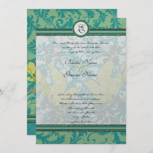 Lagoon Endive Vintag Birds Damask Gray Wedding Einladung