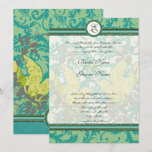 Lagoon Endive Vintag Love Birds Damask Wedding Einladung