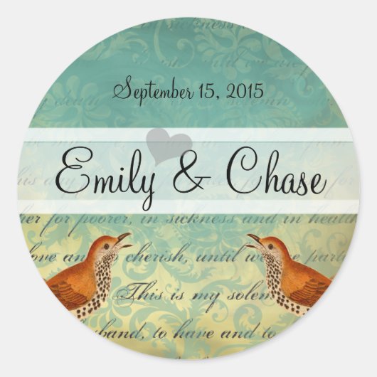 Lagoon & Endive Vintag Love Birds Hochzeitsticker Runder Aufkleber (Vorderseite)