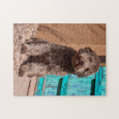 Lagotto Romagnolo durch eine blaue Tür Gewartet Puzzle (Horizontal)