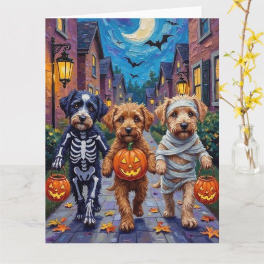 Lagotto Romagnolo Trick-or-Treating Halloween Karte (Gelbe Blume)