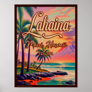 Lahaina Maui Hawaii Retro Sunset Souvenir 1950s Poster