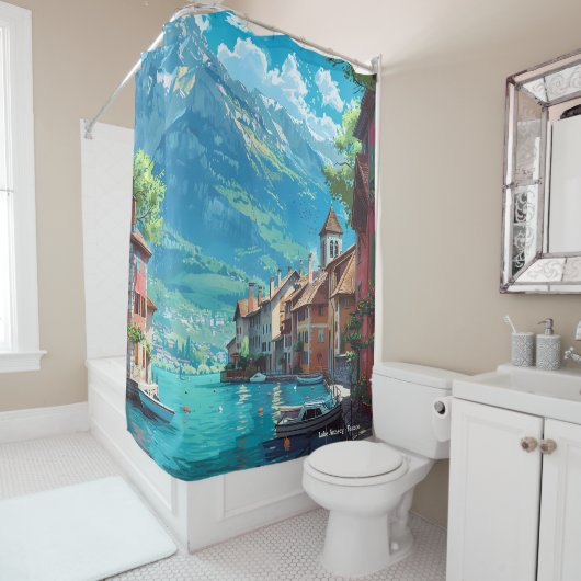 Lake Annecy Frankreich Vintage Illustration Duschvorhang (Beispiel)