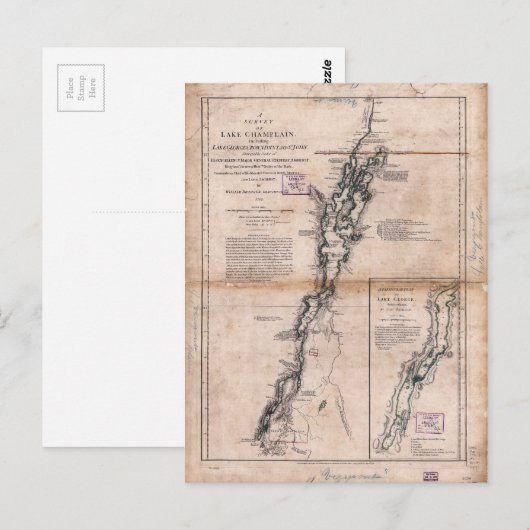 Lake Champlain Lake George Crown Point Map (1776) Postkarte (Vorne/Hinten)